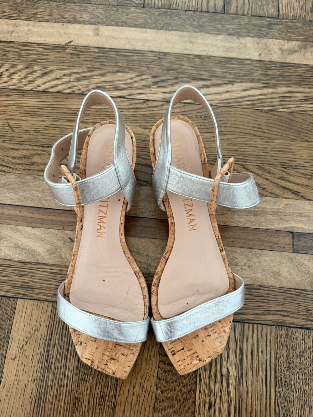 Stuart Weitzman Silver Metallic Cork Block Heel Sandals
